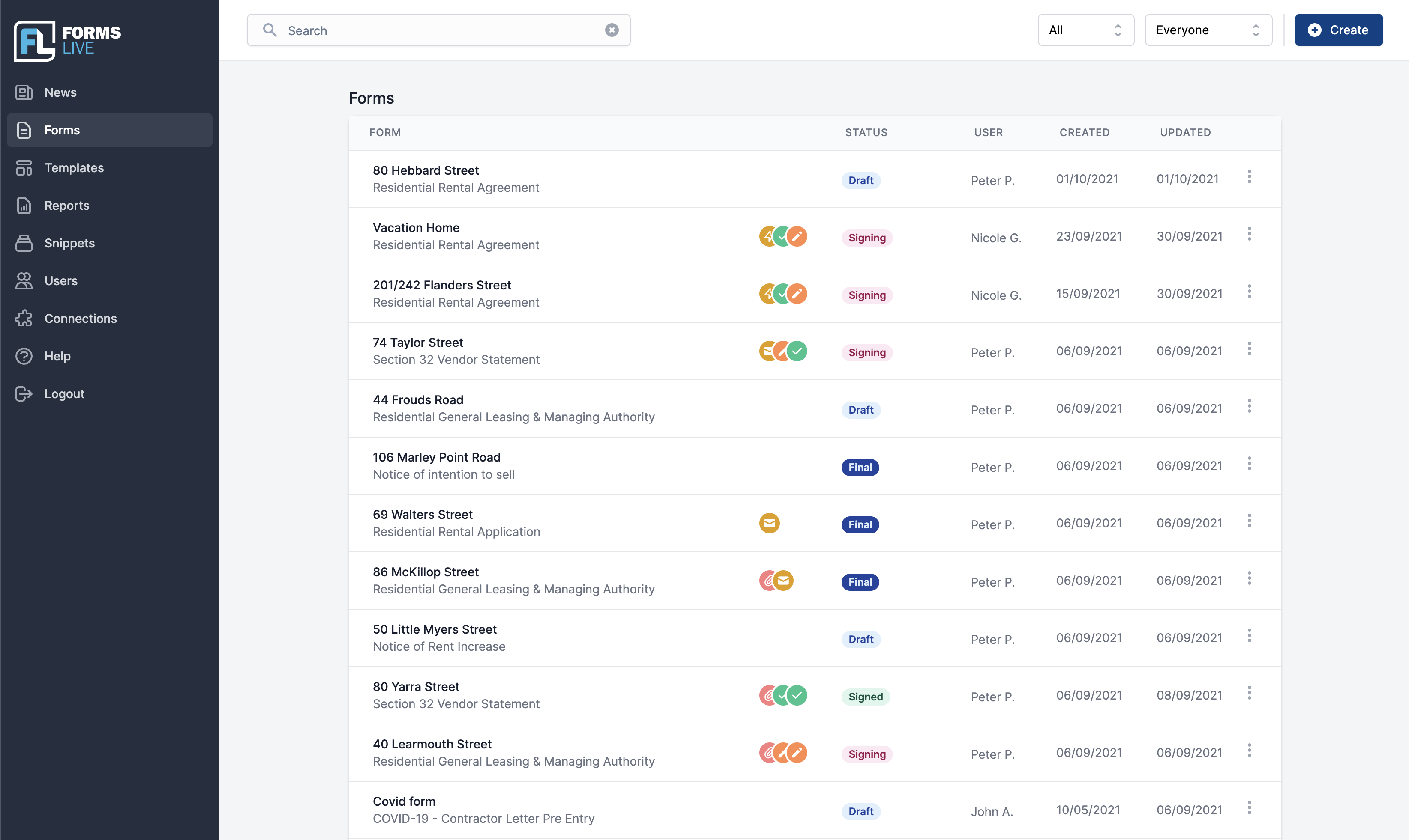 forms live forms list