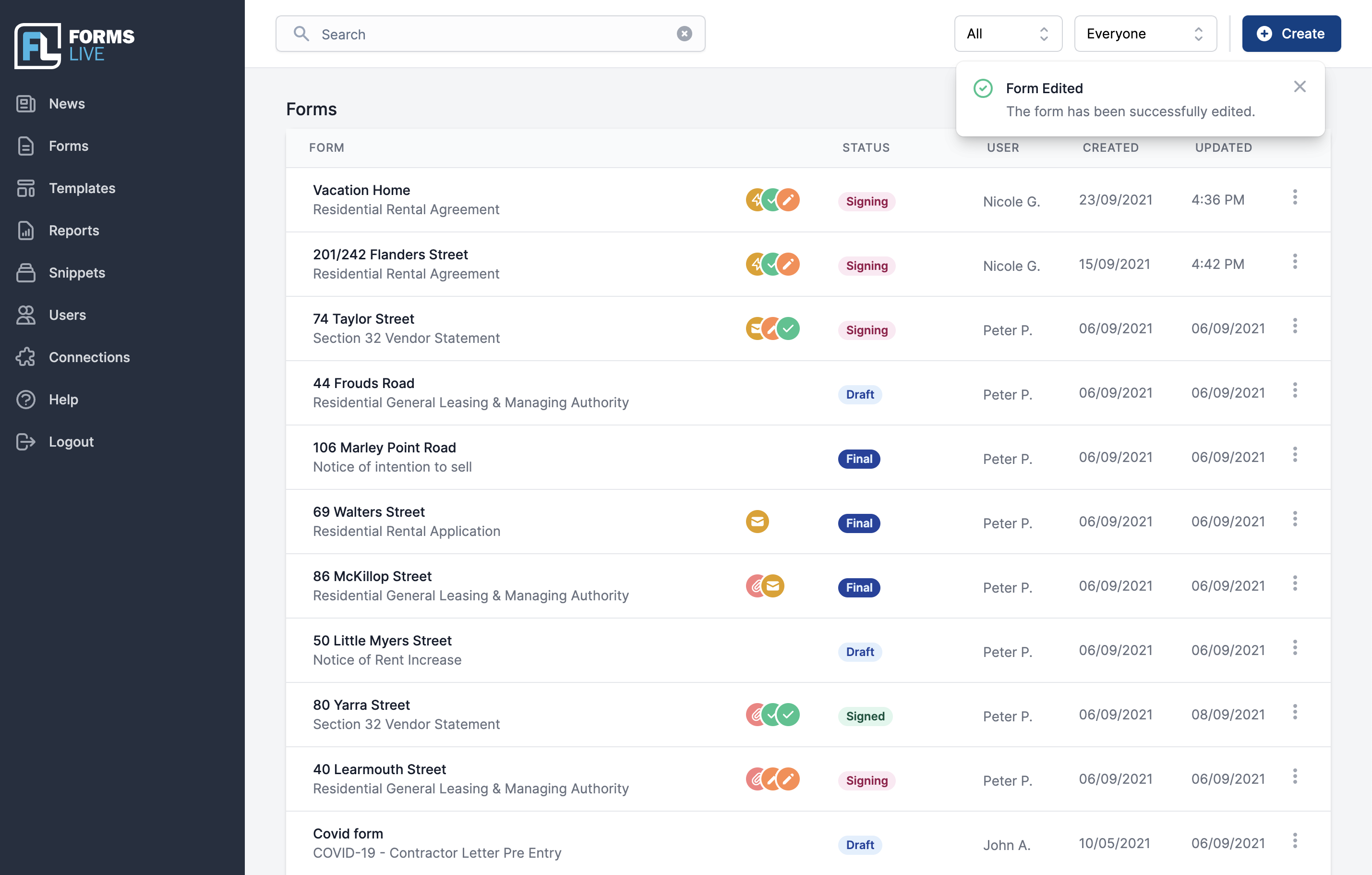 Forms Live Victorian real estate forms dashboard